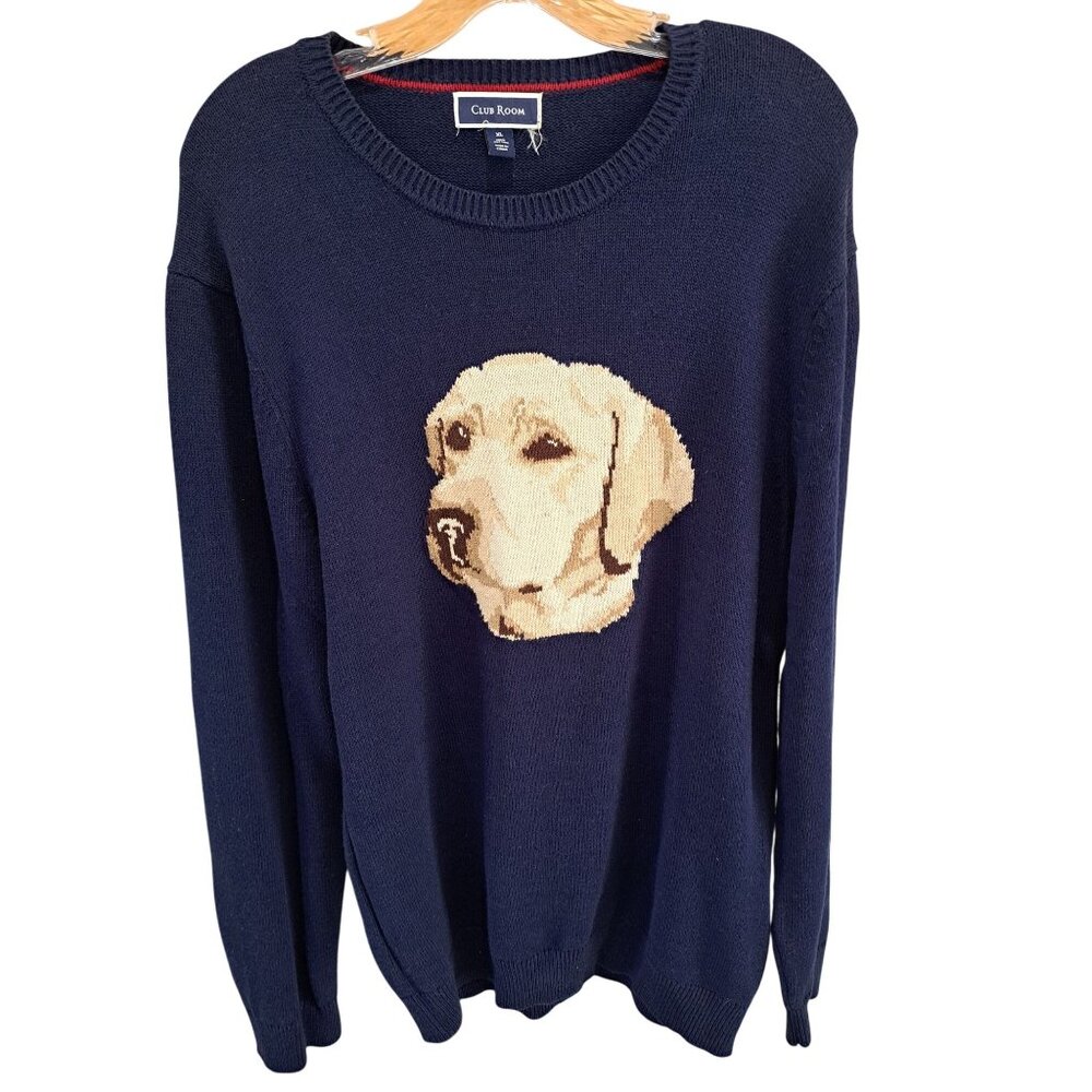 Navy Intarsia Labrador Retriever Yellow Dog Sweater Men's XL Cotton Club Room - Picture 2 of 11